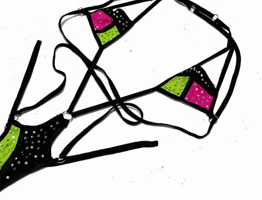 Center Stage Neon Pink Neon Grean and Black Color Clocked Thong Bodysuit