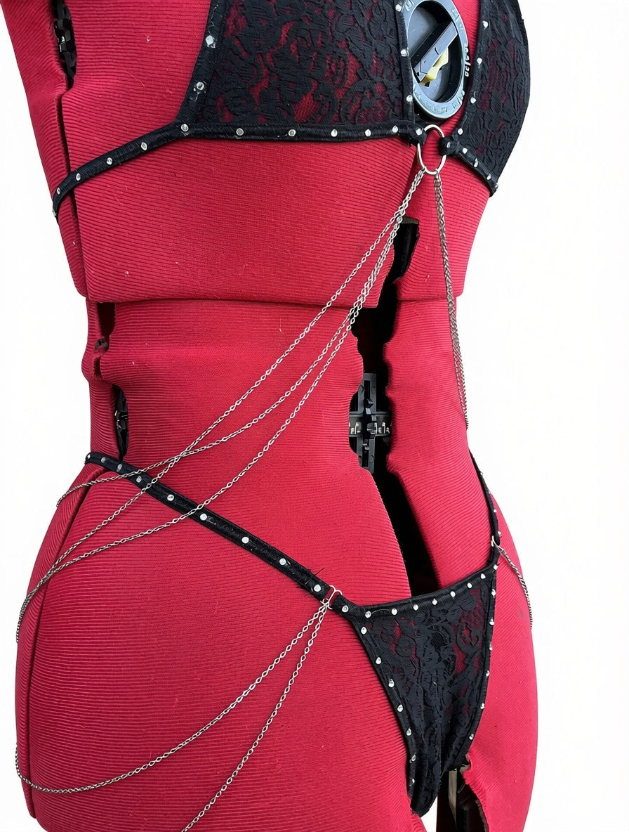 Cheeky Secret 2pc Black Thong Lace Lingerie set with Silver Chain