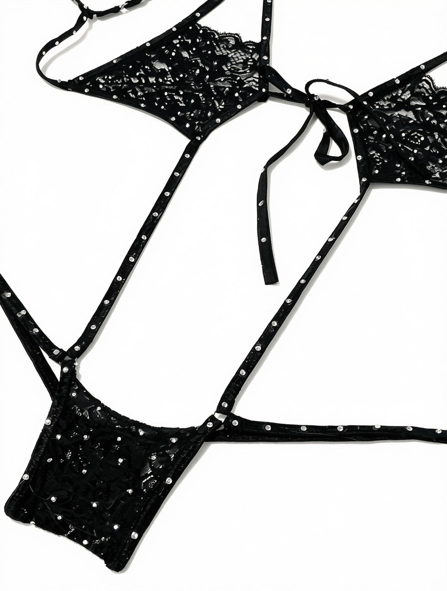 Midnight Diamond Black Lace Micro Thong Bodysuit with Rhinestone Accents