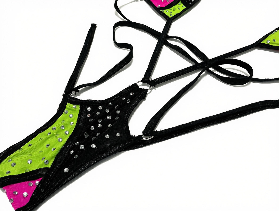 Center Stage Neon Pink Neon Grean and Black Color Clocked Thong Bodysuit