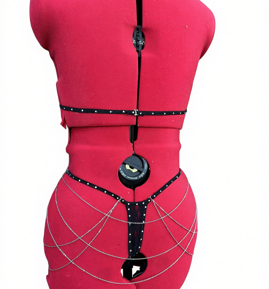 Cheeky Secret 2pc Black Thong Lace Lingerie set with Silver Chain