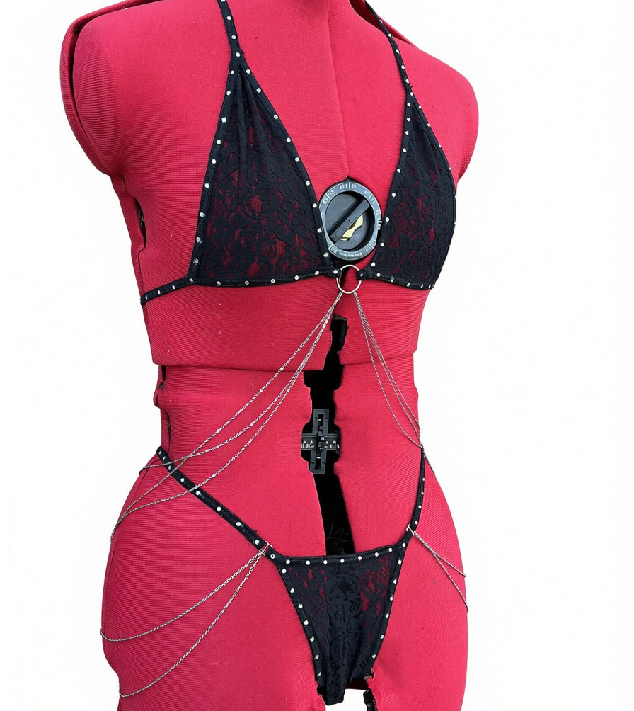 Cheeky Secret 2pc Black Thong Lace Lingerie set with Silver Chain