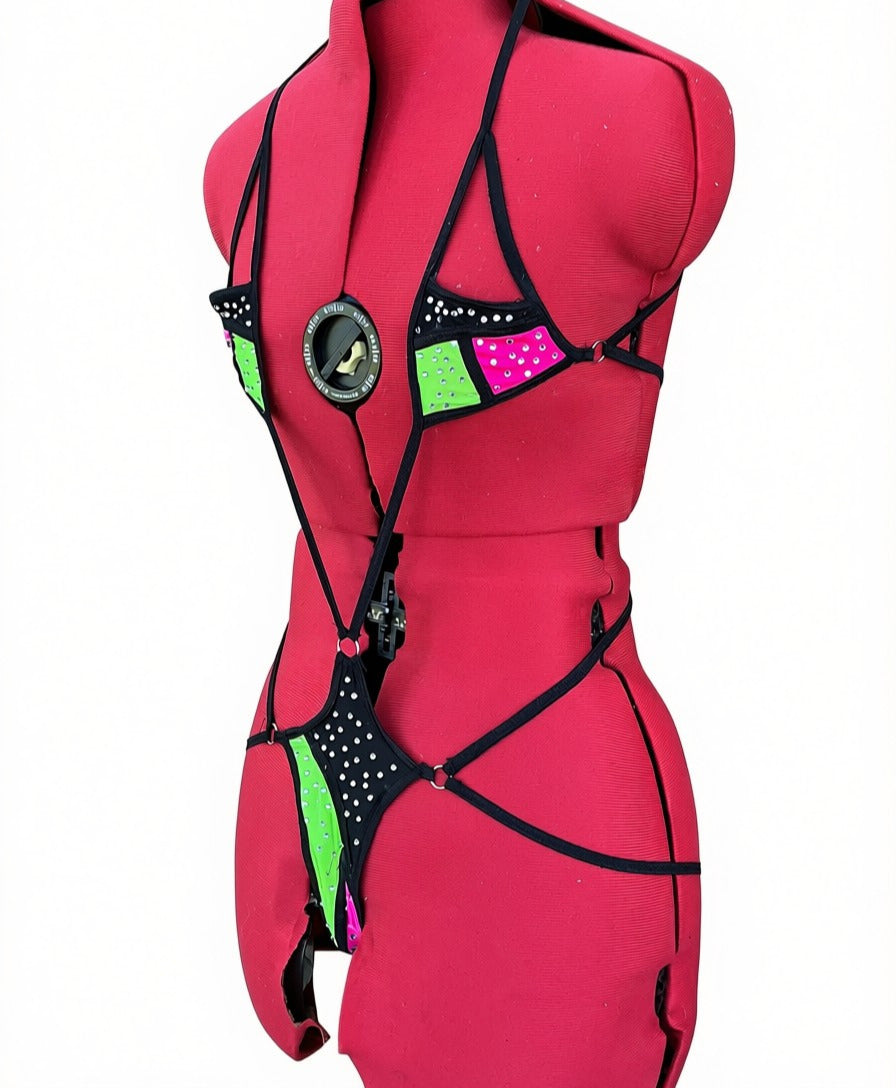 Center Stage Neon Pink Neon Grean and Black Color Clocked Thong Bodysuit