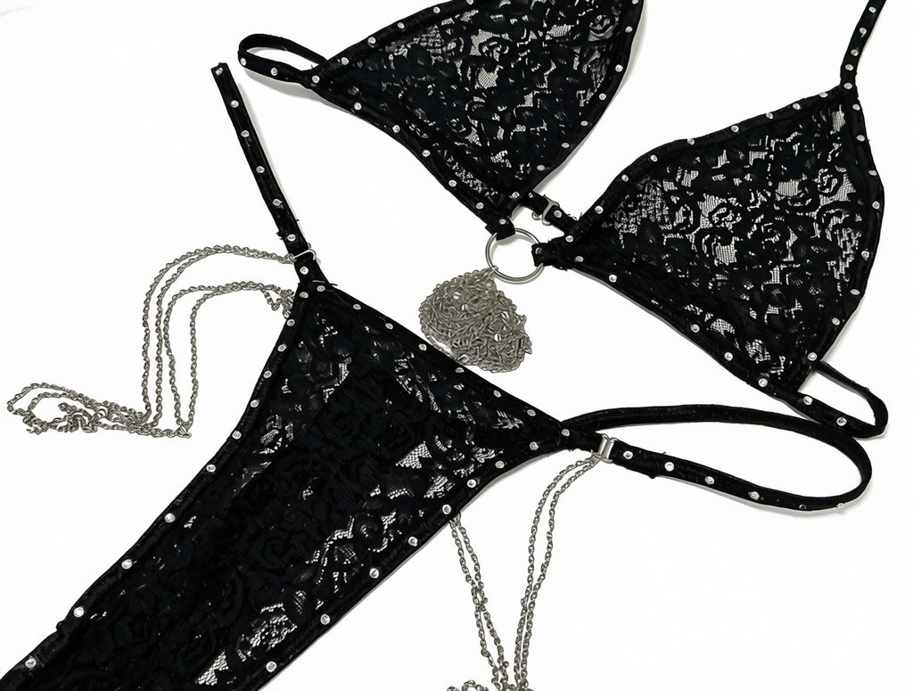 Cheeky Secret 2pc Black Thong Lace Lingerie set with Silver Chain