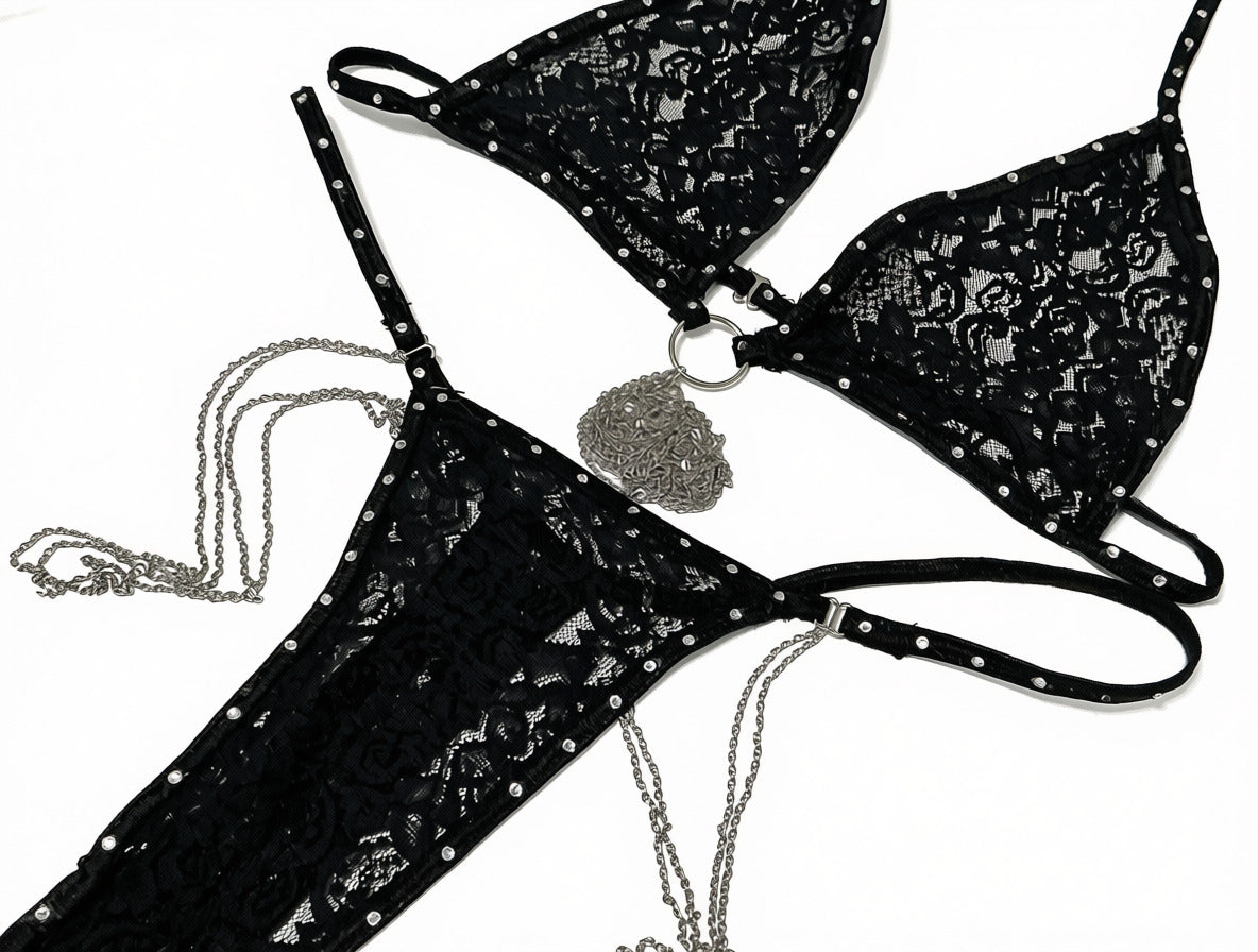 Cheeky Secret 2pc Black Thong Lace Lingerie set with Silver Chain