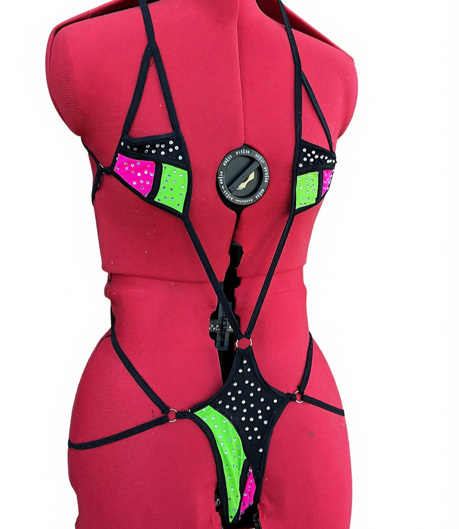 Center Stage Neon Pink Neon Grean and Black Color Clocked Thong Bodysuit