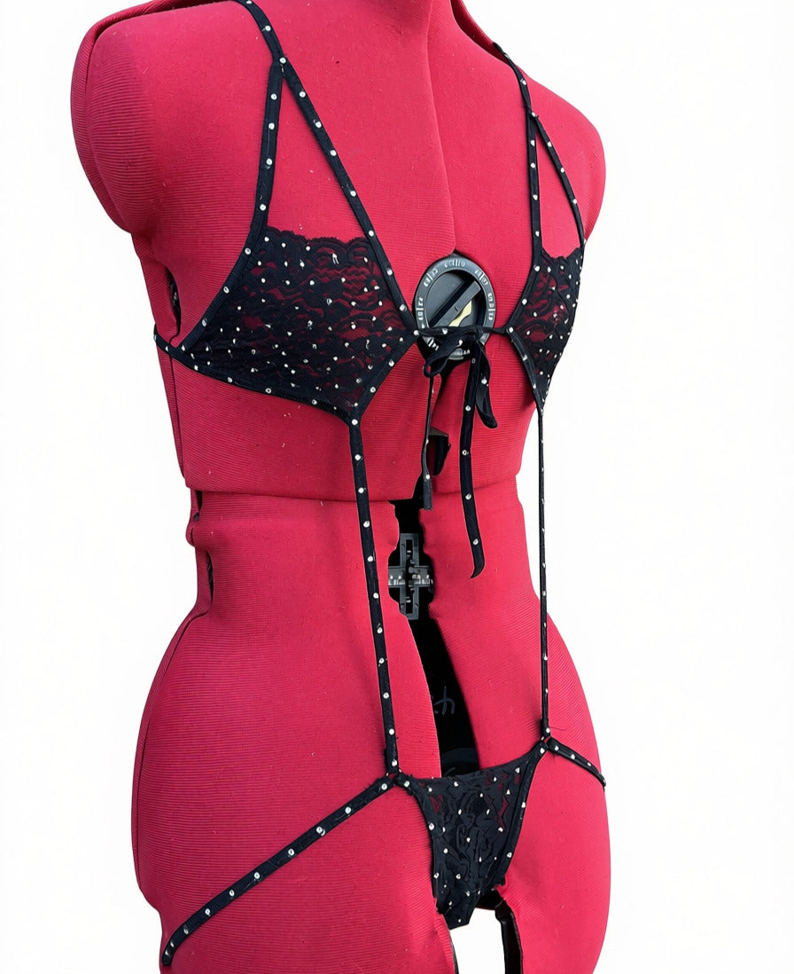 Midnight Diamond Black Lace Micro Thong Bodysuit with Rhinestone Accents